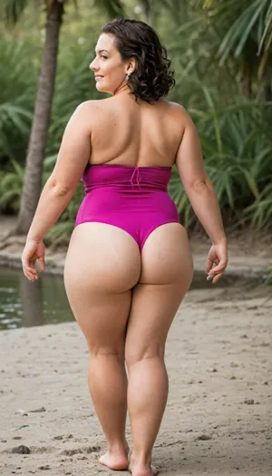 Photorealistic image of Andrea “Andi” Peterson, a confident 50-year-old Mediterranean-American woman with a mature BBW figure. She stands barefoot on a tropical beach, facing away from the camera with her back fully visible. Her head is turned over her shoulder, smiling warmly and flirtatiously. Her posture is confident and expressive, with one hip tilted outward and her shoulders relaxed.

Her body is full-figured and bottom-heavy, featuring wide hips, a large round butt with full gluteal projection, thick thighs, and a soft lower belly. Her long dark brown wavy hair with subtle gray strands cascades down her back. Her skin is warm-toned with realistic texture and subtle glow.

She wears a magenta one-piece swimsuit with a halter neckline and wrap-style bodice. The matte fabric hugs her curves, especially her hips and glutes, showing soft tension and realistic contouring. The rear view emphasizes her silhouette and natural fullness. Lighting is natural daylight with soft shadows. Background includes turquoise ocean, palm trees, and clear skies. Prioritize photorealistic realism, emotional tone, and slutty styling.