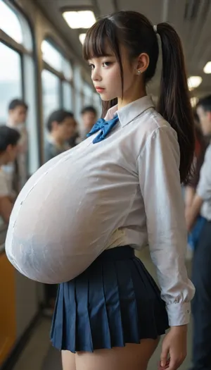 japanese young woman, cute face, twintail, asian face, shy, sheer white collared shirt, erect nipple bulge, bowtie, pleated mini skirt, (collared shirt with gigantic saggy breast bulge, breasts completely covered by a shirt), blunt bangs, side view, hyper massive breast, natural soft breasts, Narrow waist, On a crowded train, at Japanese Yamanote Line, Close-up, Perfect five fingers, Perfect Detailed face, Perfect Detailed eyes, gigantic, looking at viewer, Stable-Yogis-Makeup-Enhancer-XL, pale, skin, <lora:MJ52:.4>, <lora:Pale_Skin_SDXL_v1.0:.8>