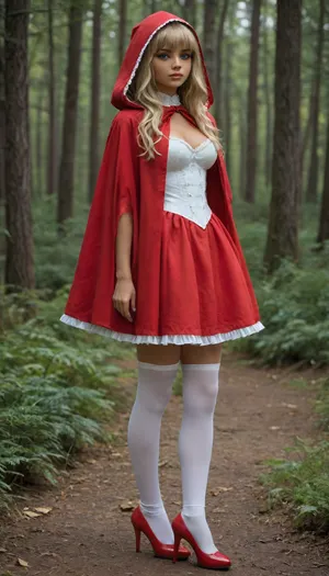 3/4 view, (young pretty petite athletic woman:1.6), (blonde with bangs:1.6), (eye shadow:1.6), (olive skin:1.6), ((blue eyes)), tight big breasts, Submissive, Nymphomaniac, ((flirtatious expression)), (posing like a model), ((Red hooded cloak)), ((red short victorian dress)), ((white stocking with red heels)), ((Forest))