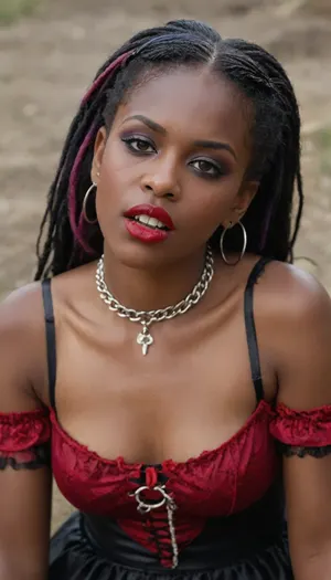 (((two 18 year old African American vampire girls))), full body pictures, black skin, neck bitting, midevil, glowing red eyes, black eyeshadow, sad face, closed mouth, one with black hair with rainbow hair, ponytails, red lipstick, blood dripping out of the corners of the mouth, vampire, vampire teeth, in a dark graveyard, bound in chains, nipple rings, earrings, collar, perfect tiny breasts, bellissima, <lora:LesFemmesXL_v1.0:.8>, lofwes, front, view, half-front, side, lying, on, elbows, <lora:LyingOnFrontWithElbowSupport.1.0:.8>, H0t, G0th1c, 1girl, ebony, lipstick, female, piercing, dress, outdoors, <lora:Hot_Gothic:.8>