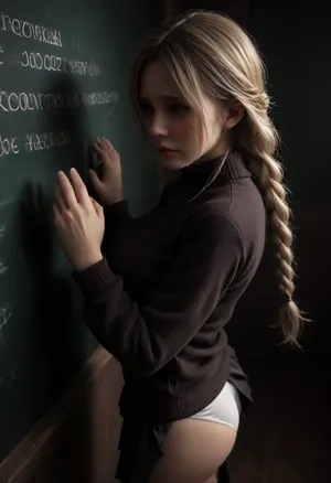 Classroom, ((18 year old student standing against the chalkboard:1.3)), ((her hands up against the chalkboard:1.5)), perfect face, insanely beautiful, young russian instagram model, ((crying alot)), ((tears rolling down cheeks)), ((looking very sad)), ((looking innocent, looking natural:1.3)), long braided blonde hair, tanned skin, skinny, tiny ass, ((massive firm breasts)), (school uniform), (tight sweater), (pleated miniskirt), (white panties underneath miniskirt), knee-high socks, ((getting roughly fucked from behind by old ugly fat teacher:1.7)), ((waist shot of man and woman)), ((side view from above:1.7)), large, breasts, big, boobs, huge, tits, <lora:bombshell_v2:.8>, bmbplora, <lora:bimboxl_02:.8>, <lora:dark:.8>