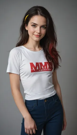 realism, ultra-realism, UHD 8K, extreme realism, maximum detail, (high-detail skin), high quality, flat chest, A thin and tall girl, very long black hair with red streaks and a yellow headband, two-tone hair, red and black, Yellow eyes, Carmine from pokemon, distinct eyelashes, a dark blue three-button jacket, a white T-shirt, long blue trousers, and a white belt, smile