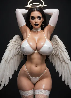 (On a radically black background), Experienced gothic bimbo porn star, (strokes her lower abdomen with her hands:1.3), wings like an angel, (halo above the head), (huge bimbo breast:1.33), huge erect nipples showing through clothes, (big silicone ass:1.2), (wide hips:1.2), curvy, perfect slender legs, naked belly, navel, (gothic makeup:1.5), (oiled:1.4), black hair, long straight hair, (cross earrings), (white latex lingerie:1.1), white fishnet stockings, white long latex gloves, <lora:add-detail-xl:.8>, <lora:ThePitXL:.8>