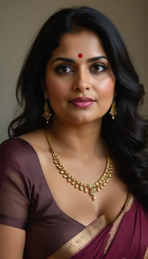 Generate a portrait of a milf mature chubby oversized curvy indian woman, aged 45, with long dark black hair and striking big eyes. She should be wearing a burgundy goldoff-the-shoulder saree that accentuates her large breasts. Her makeup should include pink lipstick and eye makeup that enhances her eye color. The woman should be adorned with diamond stud earrings. Gold necklace, Her expression should be slightly smiling, giving a warm and inviting look.The background should be composed of a gray wall with a large white screen or projector visible. There should be a subtle light source, possibly a lamp, illuminating the scene from above.The overall composition should focus on the woman's face and upper body, capturing her natural beauty and the elegant simplicity of her attire. The image should have a warm, professional quality that highlights the subject's features and creates an engaging portrait., <lora:BUT_SDXL_SHS:.5>