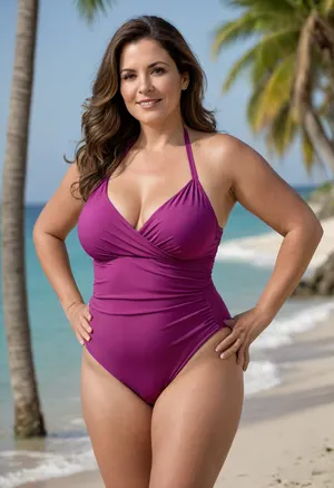 Photorealistic image of Andrea “Andi” Peterson, a confident 50-year-old Mediterranean-American woman with a mature BBW figure. She stands barefoot on a tropical beach, facing forward with a warm, inviting smile. Her posture is relaxed and flirtatious, shoulders back, hips naturally tilted, and her long dark brown wavy hair with subtle gray strands is lifted slightly by the breeze.

Her body is full-figured and bottom-heavy, with wide hips, a large round butt with full gluteal projection, a soft lower belly, thick thighs, and a naturally full bust that is braless beneath her swimsuit. Her skin is warm-toned with realistic texture and subtle glow. Her expressive amber eyes and thick eyebrows add emotional depth.

She wears a magenta one-piece swimsuit with a halter neckline and wrap-style bodice. The matte fabric gently drapes over her bust, showing soft tension and natural fullness. The suit contours her hips and butt, with visible silhouette emphasis and realistic fabric behavior. Lighting is natural daylight with soft shadows. Background includes turquoise ocean, palm trees, and clear skies. Prioritize photorealistic realism, emotional tone