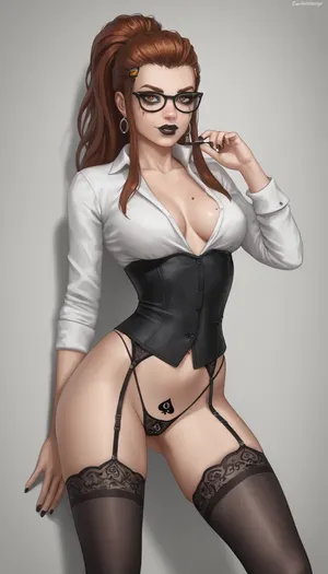 Brigitte Lindholm, glamorous goth makeup, black lipstick, slim body, tiny-waist, pointy breasts, posing sexy, ((black waist cincher, spades branded thong, black stockings, secretary glasses, strict glasses)), garterbelt, garters, legs apart, white wall, white painted wall, clean wall, plain wall, clear wall