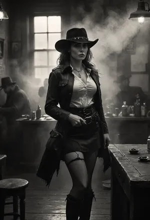 Monochrome, Wild West 1790, portrait of a super sexy athletic and flat-chested gunslinger stands drunk in a saloon, she wears a long brown leather coat, underneath a white cotton rough men's shirt with buttons, a beige miniskirt, (black fishnet stockings:1.4), cowboy boots, a cartridge belt with a pistol holder around her waist, her dusty black hat is pulled low over her face, perfect face, perfect hands, dangerous aura, leaning tipsy against the polished wooden bar of a smoky frontier saloon, (whiskey glass in one hand:1.3), warm golden lamplight, card tables and piano in the background, cowboys and gamblers glancing her way. Sawdust on the floor, haze of cigar smoke in the air, filled with dust and smoke, emphasizing a cinematic, dystopian cowboy atmosphere, art Style & Technique is a dirty old style, Ultra-realistic digital painting with cinematic depth of field. Highly detailed texturing on leather, skin, and hair, dramatic contrast lighting and warm dusty tones, a sharp foreground focus and a slightly blurred background to create depth, masterpiece, best quality, ultra-detailed, cinematic lighting, wild west, smoking weed, cannabis, Ultra-realistic Western art, highly detailed, cinematic moody lighting, tense but charismatic atmosphere., crowd, of, people, FRESHIDEAS, Real, Photography, 2#, Black, and, white, art, black, shading, charcoal, toned, brutal, dark, b/w, color, scheme, <lora:FRESHIDEAS Real Photography 2#:.8>, <lora:crowd_notrigger:.8>, <lora:MJ52:.8>, <lora:Black and white art.V1:1.9>