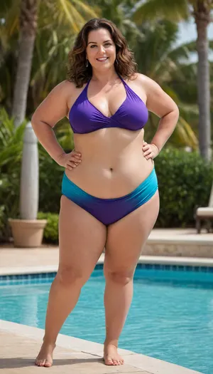 Photorealistic image of Andrea “Andi” Peterson, a full figured BBW confident 50-year-old Mediterranean-American woman with a mature BBW figure. She stands barefoot on a tropical beach resort pool, facing away from the camera with her back fully visible. Her head is turned over her shoulder, smiling warmly and flirtatiously. She is looking at the viewer with captivating eye contact. Her posture is confident and expressive, with one hip tilted outward and her shoulders relaxed.

Her body is full-figured and bottom-heavy, featuring plump full wide hips, a large round butt with full gluteal projection, thick thighs, and a soft lower belly. Her long dark brown wavy hair with subtle gray strands cascades down her back. Her skin is warm-toned with realistic texture and subtle glow. She has visible cellulite.

She wears a magenta one-piece swimsuit with a halter neckline and wrap-style bodice. The matte fabric hugs her curves, especially her hips and glutes, showing soft tension and realistic contouring. The rear view emphasizes her silhouette and natural fullness. Lighting is natural daylight with soft shadows. Background includes turquoise pool, a cabana, palm trees, and clear skies. Prioritize photorealistic realism, emotional tone, and slutty styling.