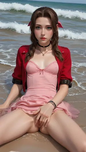 (Masterpice), (HD4K visual), (detailed background), 4K ultra-detailed image, HDR, enhancement, professional photography, precise anatomy, (perfect symmetry, 5 fingers per hand), realistic textures, maximum resolution, sharp focus, NSFW, picture, Aerith Gainsborough from Final Fantasy VII wearing a, ((long pink dress)), exhausted expression, athletic body, black and a short red jacket, hairy pussy, small breasts, perky pointed nipples, wet clothes, laying down, legs spread, fingering herself, washed up on shore, wide shot, on a beach, waves in backgrownd, sunny, day time, sun beaming down, incase, style, ratatatat74, defaerith, braided, ponytail, hair, bow, pink, choker, necklace, cropped, jacket, red, short, sleeves, dress, long, altaerith, very, ribbons, drill, star, ballgown, bare, shoulders, strapless, plunging, neckline, <lora:287175_training_data:1.4>, <lora:ratatatat74-000050:1.4>, <lora:aerith-xl-nvwls-v1:1>, <lora:add-detail-xl:2>