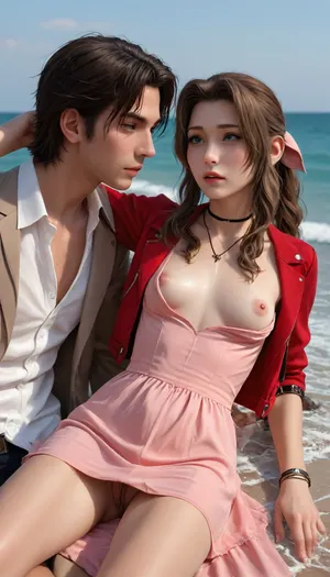 (Masterpice), (HD4K visual), (detailed background), 4K ultra-detailed image, HDR, enhancement, professional photography, precise anatomy, (perfect symmetry, 5 fingers per hand), realistic textures, maximum resolution, sharp focus, NSFW, picture, Aerith Gainsborough from Final Fantasy VII wearing a, ((long pink dress)), orgasm expression, athletic body, black and a short red jacket, hairy pussy, small breasts, perky pointed gumdrop nipples, wet clothes, laying down, legs spread, washed up on shore, wide shot, side view, on a beach, waves in backgrownd, sunny, day time, sun beaming down, incase, style, ratatatat74, defaerith, braided, ponytail, hair, bow, pink, choker, necklace, cropped, jacket, red, short, sleeves, dress, long, altaerith, very, ribbons, drill, star, ballgown, bare, shoulders, strapless, plunging, neckline, a groupof 4 nude native American brown men, standingin a circle around Aerith, big brown cocks, <lora:287175_training_data:1.4>, <lora:ratatatat74-000050:1.4>, <lora:aerith-xl-nvwls-v1:1.4>, <lora:add-detail-xl:2>, <lora:Dramatic_penis_SDXL:.8>