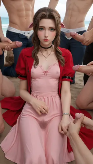 (Masterpice), (HD4K visual), (detailed background), 4K ultra-detailed image, HDR, enhancement, professional photography, precise anatomy, (perfect symmetry, 5 fingers per hand), realistic textures, maximum resolution, sharp focus, NSFW, picture, Aerith Gainsborough from Final Fantasy VII wearing a, ((long pink dress)), orgasm expression, athletic body, black and a short red jacket, hairy pussy, small breasts, perky pointed gumdrop nipples, wet clothes, laying down, legs spread, washed up on shore, wide shot, side view, on a beach, waves in backgrownd, sunny, day time, sun beaming down, incase, style, ratatatat74, defaerith, braided, ponytail, hair, bow, pink, choker, necklace, cropped, jacket, red, short, sleeves, dress, long, altaerith, very, ribbons, drill, star, ballgown, bare, shoulders, strapless, plunging, neckline, a group of 4 nude Indian brown men, men standing in a circle around Aerith, big brown cocks, handjob, <lora:287175_training_data:1.4>, <lora:ratatatat74-000050:1.4>, <lora:aerith-xl-nvwls-v1:1.4>, <lora:add-detail-xl:2>