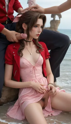 (Masterpice), (HD4K visual), (detailed background), 4K ultra-detailed image, HDR, enhancement, professional photography, precise anatomy, (perfect symmetry, 5 fingers per hand), realistic textures, maximum resolution, sharp focus, NSFW, picture, Aerith Gainsborough from Final Fantasy VII wearing a, ((long pink dress)), orgasm expression, athletic body, black and a short red jacket, hairy pussy, small breasts, perky pointed gumdrop nipples, wet clothes, laying down, legs spread, washed up on shore, wide shot, side view, on a beach, waves in backgrownd, sunny, day time, sun beaming down, incase, style, ratatatat74, defaerith, braided, ponytail, hair, bow, pink, choker, necklace, cropped, jacket, red, short, sleeves, dress, long, altaerith, very, ribbons, drill, star, ballgown, bare, shoulders, strapless, plunging, neckline, big buff men, men standing around Aerith, big brown cocks, handjob, <lora:287175_training_data:1.4>, <lora:ratatatat74-000050:1.4>, <lora:aerith-xl-nvwls-v1:1.4>, <lora:add-detail-xl:2>