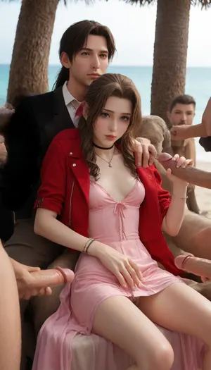 (Masterpice), (HD4K visual), (detailed background), 4K ultra-detailed image, HDR, enhancement, professional photography, precise anatomy, (perfect symmetry, 5 fingers per hand), realistic textures, maximum resolution, sharp focus, NSFW, picture, Aerith Gainsborough from Final Fantasy VII wearing a, ((long pink dress)), ahegao expression, athletic body, black and a short red jacket, hairy pussy, small breasts, perky pointed gumdrop nipples, wet clothes, laying down, legs spread, washed up on shore, wide shot, side view, on a beach, waves in backgrownd, sunny, day time, sun beaming down, incase, style, ratatatat74, defaerith, braided, ponytail, hair, bow, pink, choker, necklace, cropped, jacket, red, short, sleeves, dress, long, altaerith, very, ribbons, drill, star, ballgown, bare, shoulders, strapless, plunging, neckline, big buff men, men standing around Aerith, big brown cocks, handjob, <lora:287175_training_data:1.4>, <lora:ratatatat74-000050:1.4>, <lora:aerith-xl-nvwls-v1:1.4>, <lora:add-detail-xl:2>