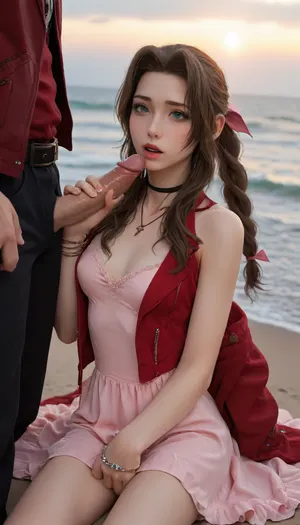 (Masterpice), (HD4K visual), (detailed background), 4K ultra-detailed image, HDR, enhancement, professional photography, precise anatomy, (perfect symmetry, 5 fingers per hand), realistic textures, maximum resolution, sharp focus, NSFW, picture, Aerith Gainsborough from Final Fantasy VII wearing a, ((long pink dress)), ahegao expression, athletic body, black and a short red jacket, hairy pussy, small breasts, perky pointed gumdrop nipples, wet clothes, laying down, legs spread, washed up on shore, wide shot, side view, on a beach, waves in backgrownd, sunny, day time, sun beaming down, incase, style, ratatatat74, defaerith, braided, ponytail, hair, bow, pink, choker, necklace, cropped, jacket, red, short, sleeves, dress, long, altaerith, very, ribbons, drill, star, ballgown, bare, shoulders, strapless, plunging, neckline, big buff men, men standing around Aerith, big brown cocks, handjob, <lora:287175_training_data:1.4>, <lora:ratatatat74-000050:1.4>, <lora:aerith-xl-nvwls-v1:1.4>, <lora:add-detail-xl:2>