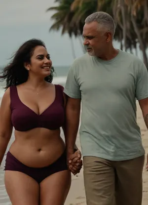 one negro built aged man with summer hawai open, (text written "sugar daddy honeymoon" on shirt), and shorts and buzz cut hair, one indian gorgeous oversized busty milf woman hourglass figure voluptuous with thick legs and massive bust and long straight hair wearing tight cropped top short sleeves tummy exposed clothed, couple, walking by beach daytime holding hands romantic she on the left side, in the middle of the screen, all eyes on viewer, all seducing smirks, detailed face, close up side view, after honeymoon fucking, photorealistic, <lora:clothed_small:.5>