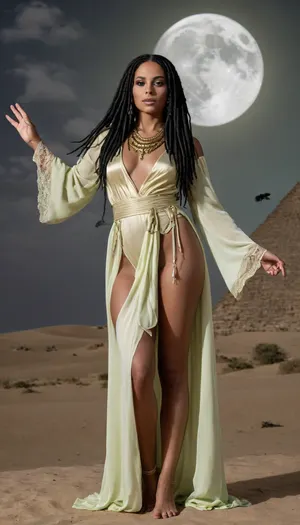 monochrome fotogrfy, (black and white, hi contrast), outdoor, moon, night, clouds, raibow, birds, desert, oasa, pyramide and church, 80 years old, egyptian preist, (very black skin, nubian, egyptian), 1 century bc. one hand uo, is humble, lusty and inteligent, dressed in a gold and black silk robe, (expensive gold and black master class, ancient), gold lingery, half naked. She moves quietly and efficiently, always polite and attentive to her duties. naked tinny tits, big excited niples, hard shaped, all body, open legs, showing pussy and naked small, Tuching open pussy by fingers, lace filigree of bright, rich color. Long black hairs, (dreds haircut hair), and large green eyes with black lines, arms up, pastel