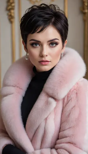 beautiful, charming, luxurious, elegant, spectacular Russian woman, white and black hair, super-voluminous pixie haircut, expressive eyes, in a chic outfit, an elegant fur coat made of pieces and stripes of white, pearl, pale beige, powdery and pale pink mink fur, for a luxurious 20-year-old woman with curvaceous, narrow face, bright festive makeup and luxurious jewelry made of natural stones, professional full-length half-turn photo, winter, bustysophie, maid, <lora:bustysophie_xl_v1.1:1.9>, <lora:xl_cute_maid_dress-1.0:1.9>