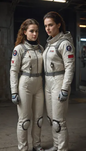 there are two people toppless in space suits standing next to each other, sci-fi illustration, sci, fi illustration, scifi illustration, dark sci-fi art, sci, fi pilot, science fiction concept art, sci-fi digital painting, sci fi characters, sci-fi illustrations, sci, fi illustrations, futuristic starship crew member, sci fi digital painting, futuristic spacesuit