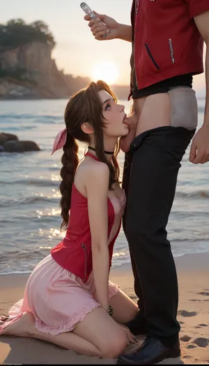 (Masterpice), (HD4K visual), (detailed background), 4K ultra-detailed image, HDR, enhancement, professional photography, precise anatomy, (perfect symmetry, 5 fingers per hand), realistic textures, maximum resolution, sharp focus, NSFW, picture, Aerith Gainsborough from Final Fantasy VII wearing a, ((long pink dress)), ahegao expression, athletic body, black and a short red jacket, hairy pussy, small breasts, perky pointed gumdrop nipples, wet clothes, on knees, washed up on shore, wide shot, side view, on a beach, waves in backgrownd, sunny, day time, sun beaming down, incase, style, ratatatat74, defaerith, braided, ponytail, hair, bow, pink, choker, necklace, cropped, jacket, red, short, sleeves, dress, long, altaerith, very, ribbons, drill, star, ballgown, bare, shoulders, strapless, plunging, neckline, big buff men, men standing around Aerith, big brown cocks, handjob, ((deepthoat)), (((balls deep penetration))), extreame drool, drool leaking out of mouth, sloppy throat fuck, <lora:287175_training_data:1.4>, <lora:ratatatat74-000050:1.4>, <lora:aerith-xl-nvwls-v1:1.4>