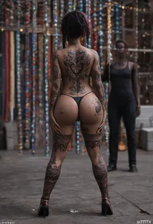 Rear view. Black woman facing away from viewer. Carnival performer, Brazilian carnival. Carnival parade background. Bright rainbow hair. Black woman. Dark skin. Ebony skin. Very dark skin. Black woman. Black girl. African American heritage. Dark as the night, (Black skin:1.9), ., (Slutty tattoos:1.8), . Full body render. Thong to the side. Bright rainbow thong. G-string thong. Showing pussy. Hand on pussy. Pussy showing. Rear view pussy. Pink pussy, bright pink pussy, swollen labia, spreading pussy., (Skin wet:1.4), cum on chest. Cum on tits. Hard nipples., (Big tits:1.2), Nipple rings. Chain necklace. Nipple chain. Cum on stomach. Cum on pussy. Clit ring, (clit piercing:1.8)