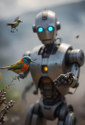 very strong close-up with shallow depth of field of a colorful Bird fed with seeds from outstretched robot hand in foreground, (background filled with a blurred robot face observes the bird on the hand:1.4), cloudy, smoke, atmospheric, clouds, fog, TIE, fighter, <lora:Simon_Stalenhag_LFTL_SDXL:1.7>, <lora:Cloudy_Style:.8>, <lora:TIE fighter:.8>, <lora:[XL]focus:1.5>