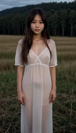 very dark focused flash photo of found footage of a 22 years old messy long haired japanese girl wearing dirty white sheer fabric long dress standing in the middle of tall grass field staring at you at night with a dark forest in the background, bangs, pale face, slightly smile, no make up, extremely low saturation, black night, black sky, front view, full body view, shadow from all direction, dark background, spade, <lora:sdxl_darkflash_v6-000060:2>, <lora:nobrav1_SDXL:.1>