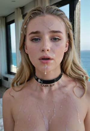 18yearold blonde cute woman, slim body, pale skin, ((black choker with the text “CUM SLUT” printed on it)), (cleavage), freckles, face expression, ashamed and shy, terrified of the viewer, eye contact, long wavy braided hair in a high ponytail with a pink black scrunchy, wide panicked eyes, blue eyes, bedroom, stud earrings, toned belly, woman, camera focus closeup face and, location big whit chillout area in modern villa with big glass windows, background nice sunrise over calm sea, sunbeams on her body, covered, with, white liquid semen, bukkake, cumshot, cum, on, face, <lora:JustCum:.8>, <lora:HoneyCoveredXL_v1:1.9>, <lora:Men'sFacialV3.8:.8>, <lora:Olivia Casta V2_XL-000007:1.7>