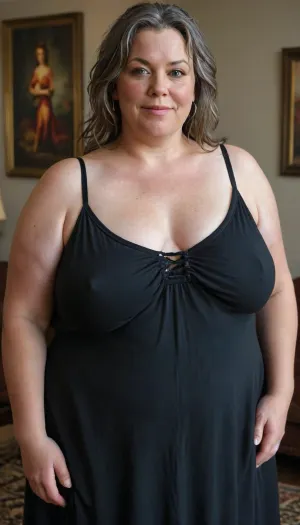 (masterpiece, best quality:1.2), very plus-size milf, (((mature))), ((oversized massive bosom)), 60yo milf, solo, (black spaghetti strap sundress, no bra, braless:1.2), pretty eyes, thick brown hair, bright eyes, grey in hair, in cozy living room, smiling, photorealism, perfect face, portrait, braless, Wearing, clothes, that, make, sense, with, fat bbw, body freckles, sagging, shapeless, saggy, (old big breasts, hanging deep, heavy boobs, saggy old boobs, teardrop shaped breasts, erect nipples), Braless>, medium breasts, megachubsdxl, morbidly, obese, <lora:bralessSDXL_v1_00022:.5>, <lora:megachubsdxl_13:.3>, <lora:MJ52:.3>