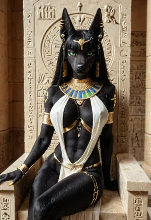 egyptian goddess, sitting relaxing on an egyptian throne, 1girl, (furry canine female), jackal anthro, (large green eyes), looking at viewer, egyptian jewelry, long black hair, hime cut, (((black furry body))), sexy loose top, loincloth, <lora:FursuitXL:.6>, (many earrings on ears), long golden nails claws, ((slim:1.4)), toned body, curvy, (her body covered with tattoos:1.5), biceps, (large quads), (wide hips), (flat ass), (large breasts), (erect nipples:.6), <lora:TLS:.8>