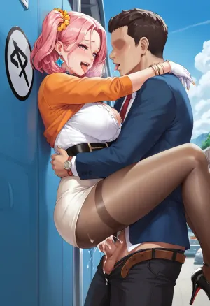 score_9, score_8_up, score_7_up, last_origin, gm_orangeade, orangeade_from_last_origin, absurdres, highres, 1boy, 1girl, against_wall, belt, bracelet, gloves, breasts, brown_pantyhose, bus_stop, clothed_sex, cum, cum_in_pussy, day, faceless, faceless_male, from_side, head_hug, hetero, high-waist_skirt, hill, jewelry, large_breasts, medium_hair, office_lady, one_side_up, orange_nails, orange_shirt, outdoors, pantyhose, pencil_skirt, penis, pink_eyes, pink_hair, saliva, sex, single_glove, skirt, sky, solo_focus, spread_legs, suspended_congress, sweat, tongue, tongue_out, vaginal, white_gloves, white_skirt