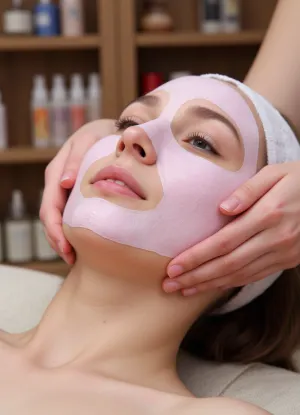 (Highly detailed photo), (close-up), a young woman is lying down, enjoying, (a pink, glossy face mask), on, (light skin), (calm, relaxed facial expression), (white bandage on her head), . Delicate, (female hands hold her face), gently, (massaging her chin and cheeks), . The background is blurred, shelves with cosmetics are visible. Soft, diffused lighting, natural tones, warm atmosphere, (spa salon), ., (Expressive eyes), (delicate lips)