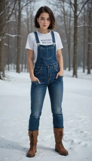 full-length, a girl with a snow-white pixie haircut, moist skin, beautiful legs and hips, shadows, seductive, low-cut T-shirts, triple push-up, graceful legs, overalls, work boots and white socks, strict appearance, strict, frowned