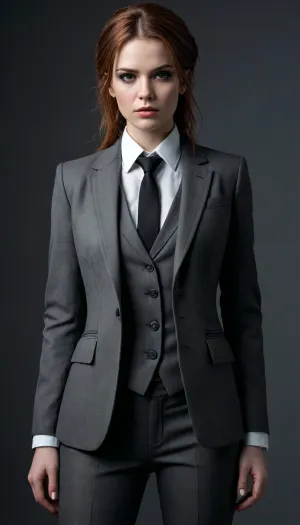 A classic suit with modern grunge elements, hyper detailed hyper realistic stunningly beautiful woman dressed in modern grunge fashion merged with classic tailoring style from head to toe, grunge makeup and accessories, classic suit accents with grungy flair, in the style of eve ventrue, 2d game art, clamp, porcelain, high-contrast shading