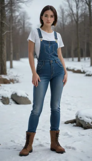 in full height, standing with her legs apart, a girl with a snow-white pixie haircut, moist skin, beautiful legs and hips, shadows, seductively, low-cut T-shirts, triple push-up, graceful legs, overalls, work boots and white socks, strict appearance, strict, frowned