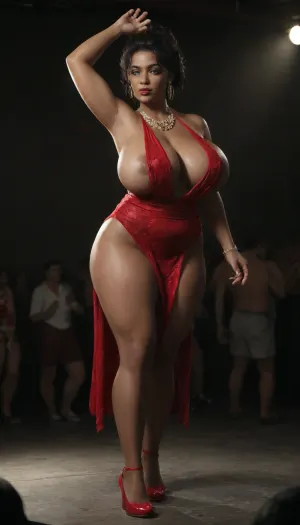 In a crowded night club dances a single fat, short bbw, (busty 25 year old very black African women, very dark brown skin:1.3), plump, BIG wide ass, long black hair, thick thighs, very massive breasts, mildly obese, wearing red halter neck lace long evening gown, lots of bling jewellery, big necklace, big earrings, red high heels, night time, disco lighting, dancing energetically, dress twirling outwards as she spins, no panties, side boob, no bra, full body view, angled view, people in background dancing, <lora:dark:.8>, legendary, tits, xl, <lora:Legendary Tits XL:.8>