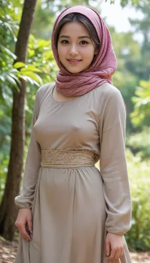 hentai beauty, 1girl, 18 years old, southeast asian girl, curvy petite body, detailed face, gentle smile, (scarf covering head and neck), undercap covering forehead, kaftan, long sleeves shirt, long skirt, soft fabric, ass, 3/4 body view, outdoor, side view, braless, Wearing, clothes, that, make, sense, with, Braless>, <lora:bralessSDXL_v1_00022:.8>