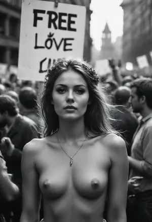A symbolic image representing the right decisions in life, Berlin 1970, happy demonstration on street, (Monochrome image:1.4), 22 years old woman, spontaneous, (standing sex:1), during the demonstration, many people, (demonstration signs for "free love":1.6), free mind, sexual revolution, (groupsex:1.2), (orgy:1.4), best quality, ultra-detailed, cinematic lighting, smoking weed, cannabis, Ultra-realistic porn art, highly detailed, cinematic moody lighting, tense but charismatic atmosphere, crowd, of, people, Black, and, white, art, black, shading, charcoal, toned, brutal, dark, b/w, color, scheme, <lora:MJ52:.5>, <lora:Black and white art.V1:.9>, <lora:crowd_notrigger:.4>, <lora:RsmJemma1XL:.8>