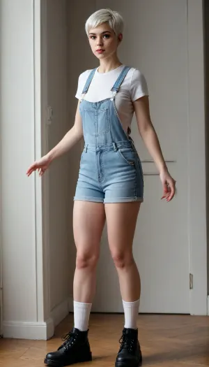 in full height, standing with her legs apart, a girl with a snow-white pixie haircut, moist skin, beautiful legs and hips, shadows, seductively, low-cut T-shirts, triple push-up, graceful legs, overalls, work boots and white socks, strict appearance, strict, frowned