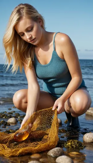 A 28-year-old blonde woman, wearing wellies and casual clothes, collects amber on the Baltic Sea coast., (Using a fine fishing net, she gathers pieces of golden amber mixed with seaweed directly from the water and places them on the shore.), Gentle waves caress her feet, a cool breeze brushes her hair, and the soft light highlights the amber in the net and on her hands. A blue sea and sky form the background, creating a serene and natural atmosphere. Photorealistic 8K HDR rendering with maximum detail in the woman, skin texture, amber, sand, and net, with no noise or distortion, sharp bodies, and enhanced focus., ral-amber, <lora:ral-amber-sdxl:.8>