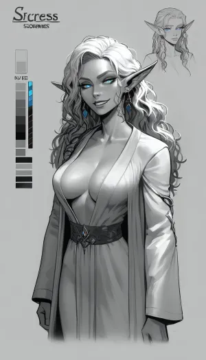 masterpiece, best quality, highly detailed, score_9, score_8_up, score_7_up, 1girl, (incase, incase style:.8), (mischievous esthetic, slender, elegant:1.2), (elf, elven princess, sorceress:1.2), (soft playful grin, seductive pose), (large expressive eyes, arcane robes), (large breasts, open robe), (character design sheet, concept art:1.2), <lora:princess_xl_v2:.8>