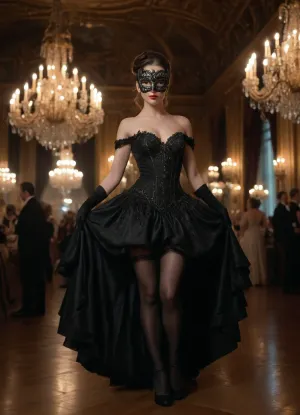 At a crowded grand masquerade ball, a European woman in black stockings and an ornate gown twirls under glittering chandeliers, her masked face mysterious. Her porcelain skin and dark eyes draw every gaze, weaving enchantment and intrigue in the opulent night. full body view from afar