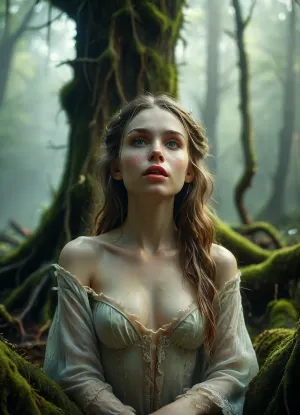Beautiful Slavic woman, symmetrical face, high cheekbones, pale skin with light freckles, full natural pink lips, the girl lifts up the hem and shows the audience a wet pussy swollen with excitement, the vagina oozes sweetly . large almond-shaped green eyes, long dark chestnut hair with soft waves, seated on an ancient throne made of moss-covered tree roots in a misty forest. She looks directly at the viewer with a subtle playful smirk — mysterious, alluring, slightly unsettling. Sharp facial details, hyperrealistic skin texture, cinematic lighting, shallow depth of field, 85mm portrait lens, deformed face, extra limbs, cartoon, anime, illustration, ral-elctryzt, bioluminescent, glowing, <lora:MJ52:.8>, <lora:ral-elctryzt-sdxl:1.4>, <lora:277457_training_data:.8>