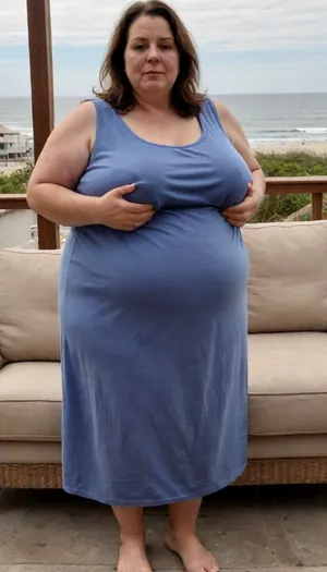 A huge sixty-year-old brunette woman, a huge round belly, heavy sagging massive breasts, round, bulging massive powerful ass, round fat face, thick cheeks, thick lips, triple chin, spacious summer dress emphasizes the figure, barefoot, Rear view, megachubsdxl, morbidly, obese, sagging, breasts, <lora:megachubsdxl_13:.5>, <lora:sagging-000015:.5>
