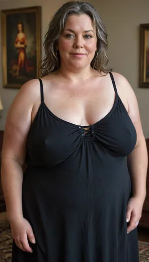(masterpiece, best quality:1.2), very plus-size milf, (((mature))), ((oversized massive bosom)), 60yo milf, solo, (black spaghetti strap sundress, no bra, braless:1.2), pretty eyes, thick brown hair, bright eyes, grey in hair, in cozy living room, smiling, photorealism, perfect face, portrait, braless, Wearing, clothes, that, make, sense, with, fat bbw, body freckles, sagging, shapeless, saggy, (old big breasts, hanging deep, heavy boobs, saggy old boobs, teardrop shaped breasts, erect nipples), Braless>, medium breasts, megachubsdxl, morbidly, obese, <lora:bralessSDXL_v1_00022:.5>, <lora:megachubsdxl_13:.3>, <lora:MJ52:.3>