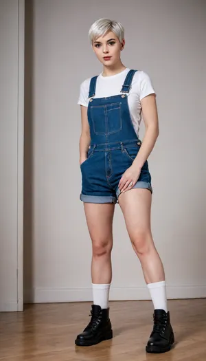 in full height, standing with her legs apart, a girl with a snow-white pixie haircut, moist skin, beautiful legs and hips, shadows, seductively, low-cut T-shirts, triple push-up, graceful legs, overalls, work boots and white socks, strict appearance, strict, frowned