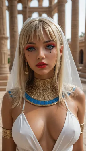 3/4 view, (young pretty petite athletic woman:1.6), (blonde with bangs:1.6), (eye shadow:1.6), (red lipstick:1.6), (olive skin:1.6), tight big breasts, ((blue eyes)), Submissive, Nymphomaniac, ((flirtatious expression)), (posing like a model), ((egyptian priestess outfit)), ((egyptian temple))