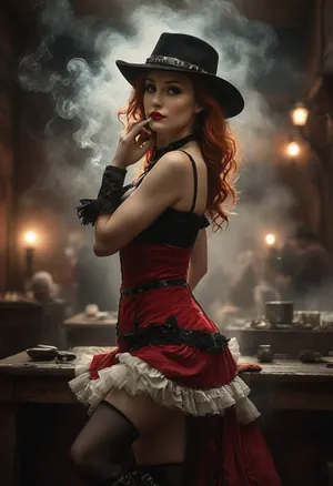 Monochrome, Wild West 1790, a super sexy athletic and flat-chested Classic French cancan dancers on stage in typical sexy costumes and fiery red long hair, ruffles, garter belts and cancan in a saloon, lifts up her dark red miniskirt, she wears, (sexy cancan outfit:1.3), underneath a red lingerie, (dark red velvet dress with many white petticoats:1.4), (black fishnet stockings:1.4), cowboy boots, her dusty black hat is pulled low over her face, perfect face, perfect hands, dangerous aura, dancing on the polished wooden stage of a smoky frontier saloon, (pompom in one hand:1.3), warm golden lamplight, card tables and piano in the background, cowboys and gamblers glancing her way. Sawdust on the floor, haze of cigar smoke in the air, filled with dust and smoke, emphasizing a cinematic, dystopian cowboy atmosphere, art Style & Technique is a dirty old style, Ultra-realistic digital painting with cinematic depth of field. Highly detailed texturing on leather, skin, and hair, dramatic contrast lighting and warm dusty tones, a sharp foreground focus and a slightly blurred background to create depth, masterpiece, best quality, ultra-detailed, cinematic lighting, wild west, smoking weed, cannabis, Ultra-realistic Western art, highly detailed, cinematic moody lighting, tense but charismatic atmosphere., crowd, of, people, FRESHIDEAS, Real, Photography, 2#, Black, and, white, art, black, shading, charcoal, toned, brutal, dark, b/w, color, scheme, <lora:FRESHIDEAS Real Photography 2#:.8>, <lora:crowd_notrigger:.8>, <lora:MJ52:.8>, <lora:Black and white art.V1:1.5>, <lora:281928_training_data:1.6>