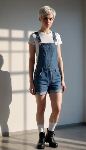 full-length, a girl with a snow-white pixie haircut, moist skin, beautiful legs and hips, shadows, seductive, low-cut T-shirts, triple push-up, graceful legs, overalls, work boots and white socks, strict appearance, strict, frowned
