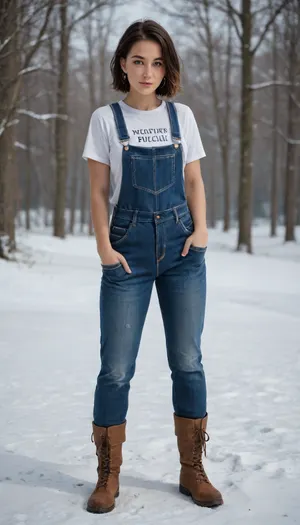 full-length, a girl with a snow-white pixie haircut, moist skin, beautiful legs and hips, shadows, seductive, low-cut T-shirts, triple push-up, graceful legs, overalls, work boots and white socks, strict appearance, strict, frowned