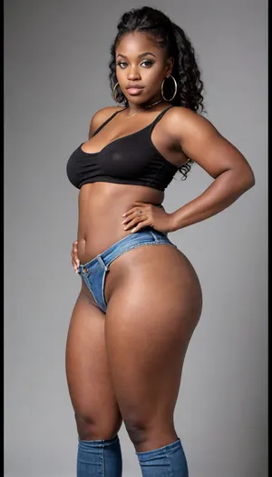 Extremely dark skinned African 20 year old fat/thick ghetto girl with thick legs, wide hips, big tits and a big phat ass, wearing lowrise jeans, a tank top, large gold hoop earrings, with her thong strings showing, partial side view showing ass in tight jeans looking seductively into the camera
